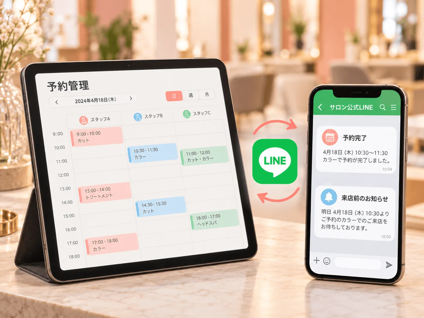 予約管理システムと公式LINEの予約通知・リマインド連携イメージ